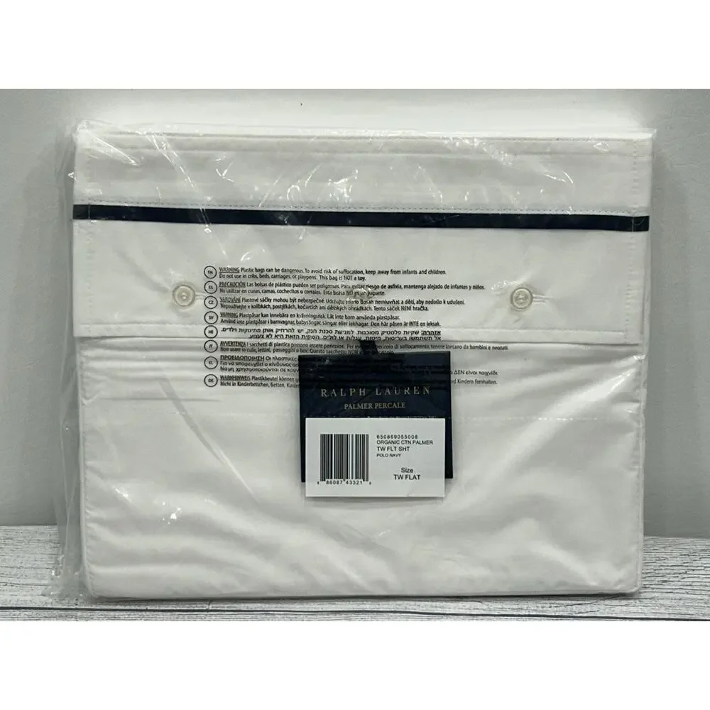 Ralph Lauren Palmer Percale‎ Twin Flat Sheet White Polo Navy NEW